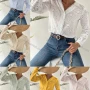 Wholesale Women's V Neck Long Sleeve Eyelet Lace Button Down Plain Blouse AY200# preview