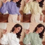 Wholesale Women's Retro Ruffle Neck Lantern Sleeve Ruffle Trim Floral Embroidery Keyhole Back Plain Blouse AY206# preview