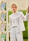 Wholesale Women's Retro Mock Neck Poet Sleeve Guipure Lace Ruffle Trim Swiss Dot Plain Blouse AY207# - Liuhuamall