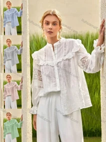 Wholesale Women's Retro Mock Neck Poet Sleeve Guipure Lace Ruffle Trim Swiss Dot Plain Blouse AY207#, LIUHUA CLOTHING WHOLESALE