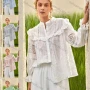 Wholesale Women's Retro Mock Neck Poet Sleeve Guipure Lace Ruffle Trim Swiss Dot Plain Blouse AY207# preview