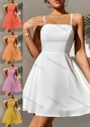 Wholesale Women's Spaghetti Strap Open Back Lace Up Ruffle Hem Plain Cami Dress AY233# - Liuhuamall