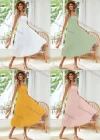 Wholesale Women's Casual Square Neck Ruffle Trim Shirred Plain Cami Midi Dress AY234# - Liuhuamall