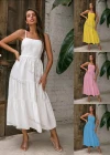 Wholesale Women's Spaghetti Strap Square Neck Open Back Lace Up Ruffle Hem Plain Cami Dress AY236# - Liuhuamall