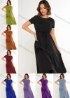 Wholesale Women's Casual Plain Round Neck Short Sleeve Plain Midi Dress With Belt AY237# - Liuhuamall
