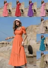 Wholesale Women's Square Neck Lace Trim Slim Waist Ruffle Hem Maxi Dress - Liuhuamall