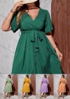 Wholesale Women's Plain Wrap V Neck Ruffle Sleeve Buttons Down Midi Dress With Belt AY240# - Liuhuamall