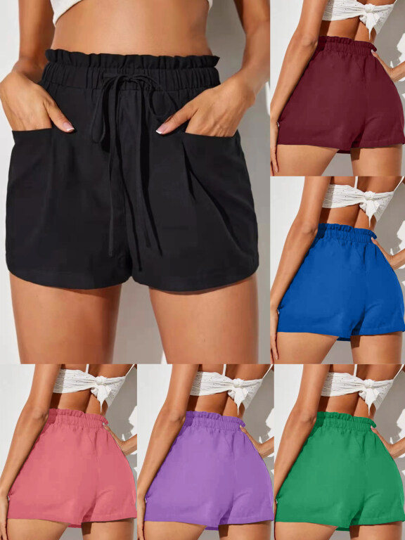 Women's Casual Elastic Waist Drawstring Ruffle Trim Plain Shorts AY245#, Clothing Wholesale Market -LIUHUA, WOMEN, Pants-Trousers