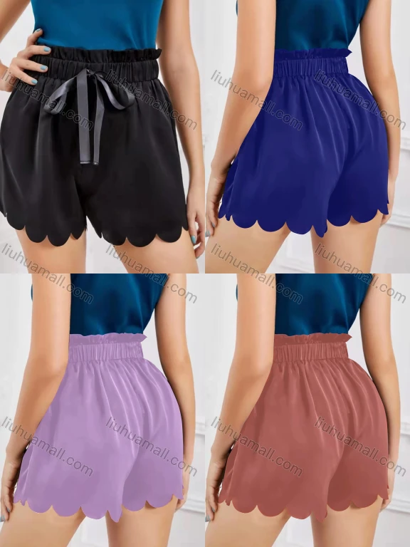 Wholesale Women's Elastic Waist Drawstring Scalloped Lettuce Trim Shorts AY247#
