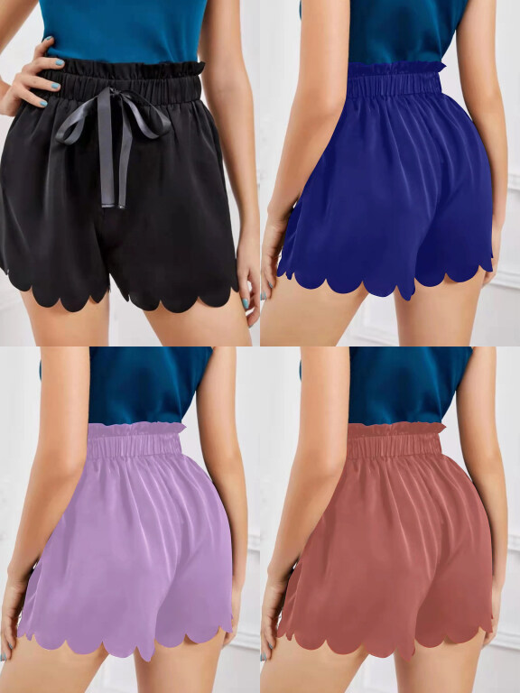 Women's Elastic Waist Drawstring Scalloped Lettuce Trim Shorts AY247#, Clothing Wholesale Market -LIUHUA, WOMEN, Pants-Trousers