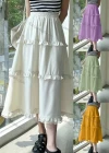 Wholesale Women's Casual Elastic Waist Layered Lace Ruffle Trim Midi Skirt AY255# - Liuhuamall