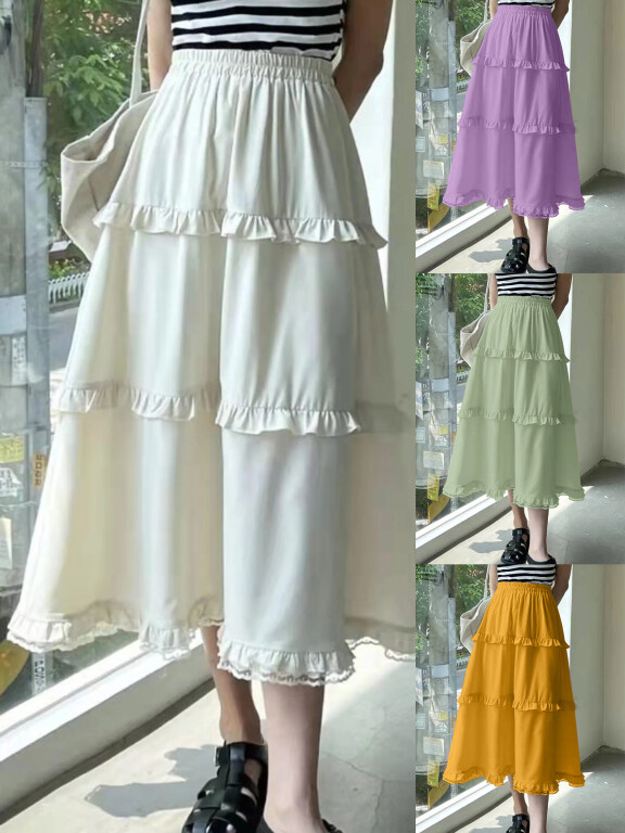 Women's Casual Elastic Waist Layered Lace Ruffle Trim Midi Skirt AY255#, Clothing Wholesale Market -LIUHUA, WOMEN, Pants-Trousers