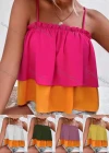Wholesale Women's Spaghetti Strap Ruffle Trim Layered Sttiching Color Crop Cami Top AY258# - Liuhuamall