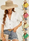 Wholesale Women's Lapel Deep V Neckk Short Sleeve Button Down Plain Blouse AY260# - Liuhuamall