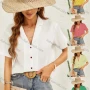 Wholesale Women's Lapel Deep V Neckk Short Sleeve Button Down Plain Blouse AY260# preview