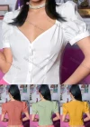 Wholesale Women's Double V Neck Puff Sleeve Button Down Plain Blouse AY261# - Liuhuamall