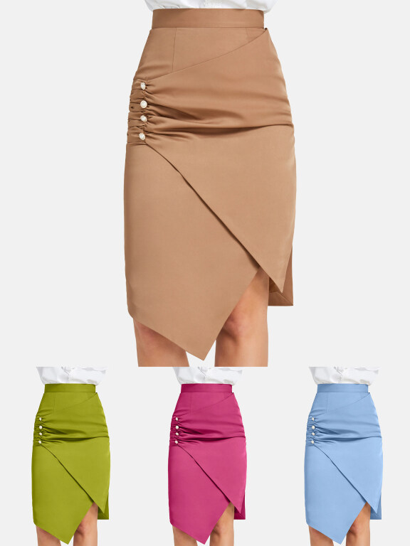 Women's Casual A-Line Wrap Button Asymmetrical Hem Plain Knee Length Skirt, Clothing Wholesale Market -LIUHUA, WOMEN, Pants-Trousers