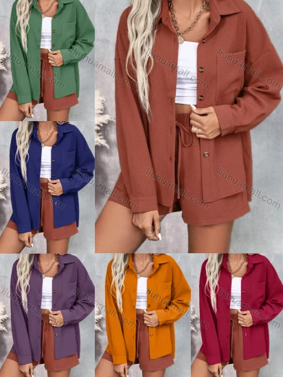 Wholesale Women's Casual Plain Button Down Patch Pocket Long Sleeve Overshirt AY02#