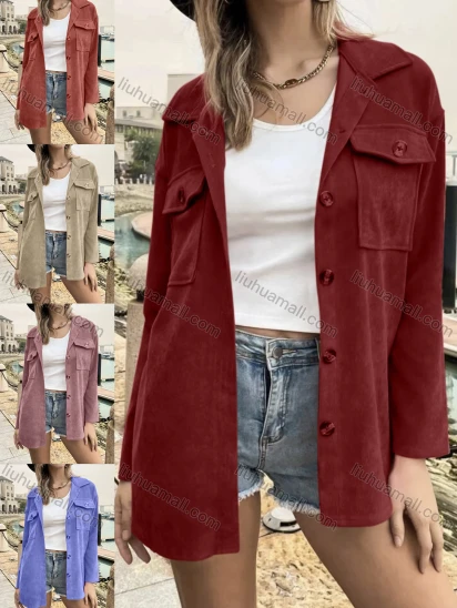 Wholesale Women's Casual Plain Collared Button Down Flap Pocket Overshirt AY03#