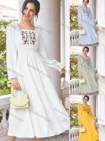 Wholesale Women's Casual Lace Trim Embroidery Shirred Long Sleeve Ruffle Hem Midi Dress ZT3003#, LIUHUA CLOTHING WHOLESALE
