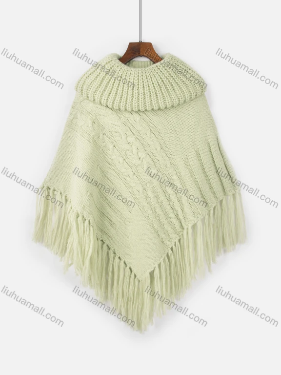 Wholesale Women's Casual Plain Cable Knit Tassel Fringe Trim Cape Poncho