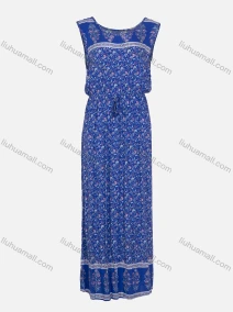 Wholesale Women's Vintage Sleeveless Round Neck Allover Print Drawstring Pleated Maxi Dress, LIUHUA CLOTHING WHOLESALE