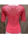 Wholesale Women's Vintage 3/4 Sleeve Guipure Lace Trim Embroidery Plain Tops - Liuhuamall
