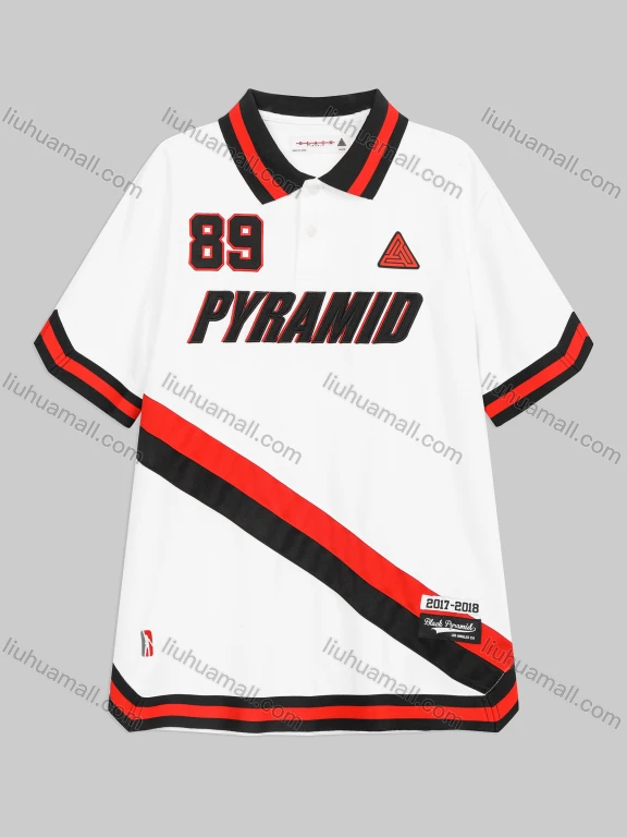 Wholesale Men's Sporty Striped Letter Collared Button Front Short Sleeve Polo-shirt