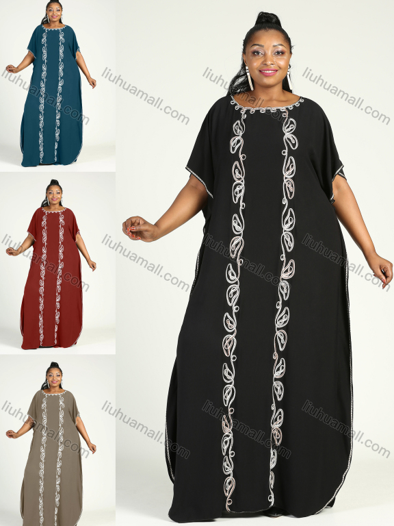 Wholesale Women's African Plus Size Vintage Round Neck Robe Batwing Sleeve Floral Embroidery Plain Kaftan Dress