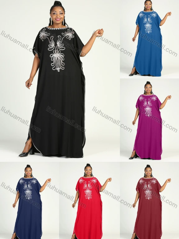 Wholesale Women's African Plus Size Vintage Round Neck Robe Batwing Sleeve Floral Embroidery Plain Kaftan Dress