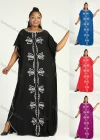Wholesale Women's African Plus Size Vintage Round Neck Robe Batwing Sleeve Floral Embroidery Plain Kaftan Dress - Liuhuamall