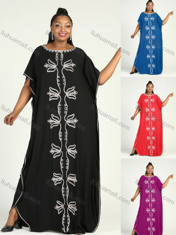 Wholesale Women's African Plus Size Vintage Round Neck Robe Batwing Sleeve Floral Embroidery Plain Kaftan Dress