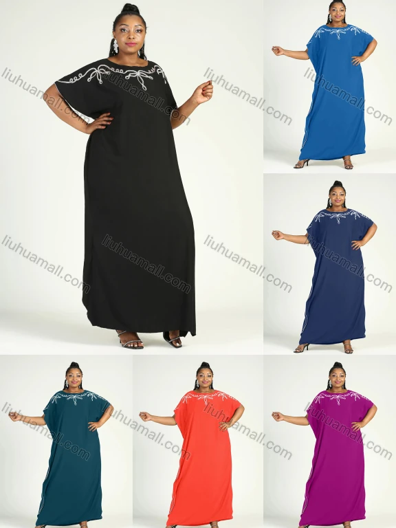 Wholesale Women's African Plus Size Vintage Round Neck Robe Batwing Sleeve Floral Embroidery Plain Kaftan Dress