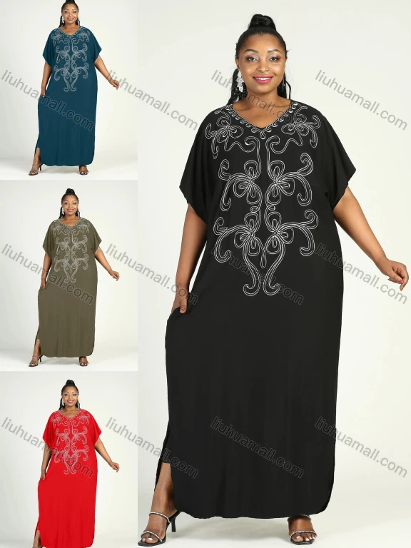 Wholesale Women's African Plus Size Vintage Round Neck Robe Batwing Sleeve Floral Embroidery Plain Kaftan Dress