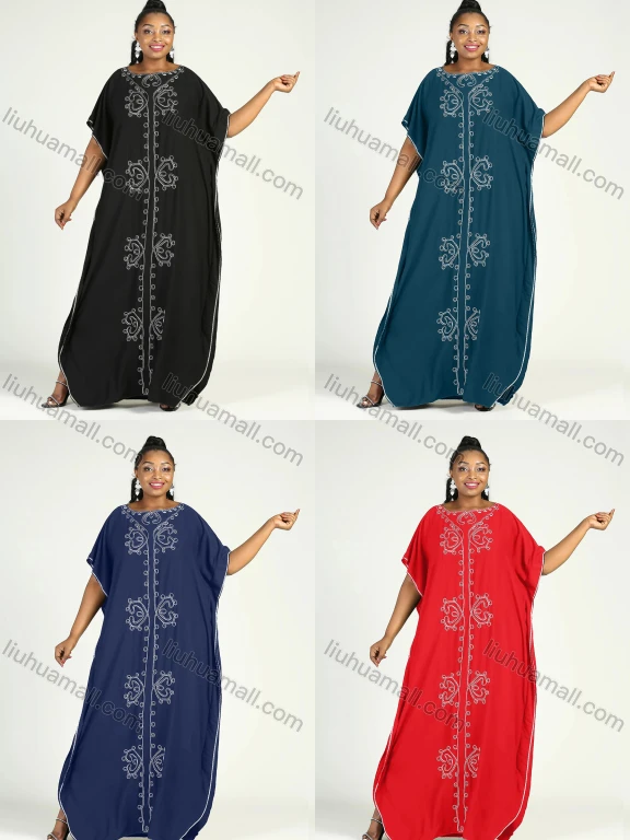 Wholesale Women's African Plus Size Vintage Round Neck Robe Batwing Sleeve Floral Embroidery Plain Kaftan Dress