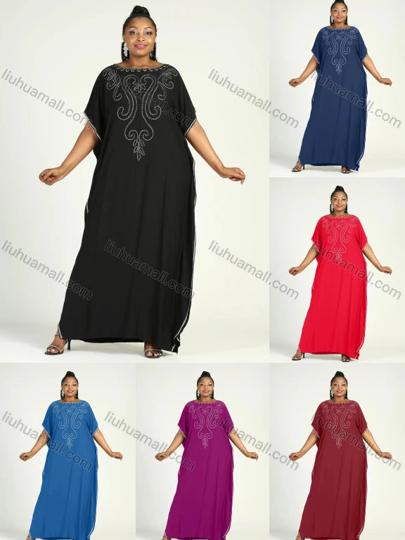 Wholesale Women's African Plus Size Vintage Round Neck Robe Batwing Sleeve Floral Embroidery Plain Kaftan Dress