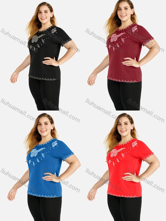 Wholesale Women's Elegant Round Neck Embroidery Sequin Short Sleeve T-Shirt
