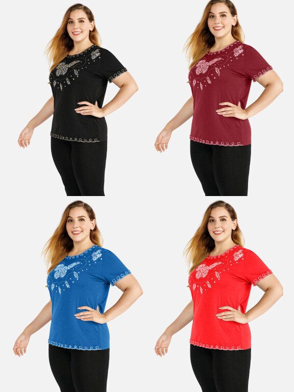 Women's Elegant Round Neck Embroidery Sequin Short Sleeve T-Shirt, Clothing Wholesale Market -LIUHUA, Women, Women-s-Bottoms