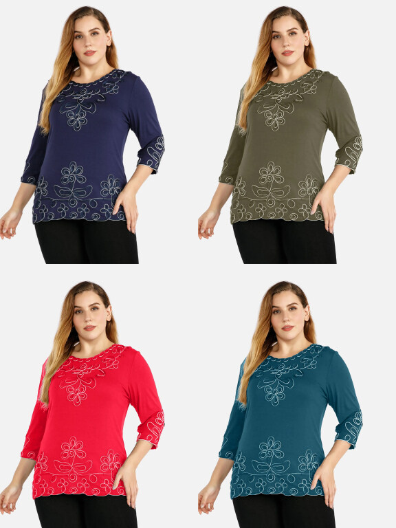 Women's Plus Size Round Neck 3/4 Sleeve Embroidery Casual Top, Clothing Wholesale Market -LIUHUA, Women, Women-s-Top