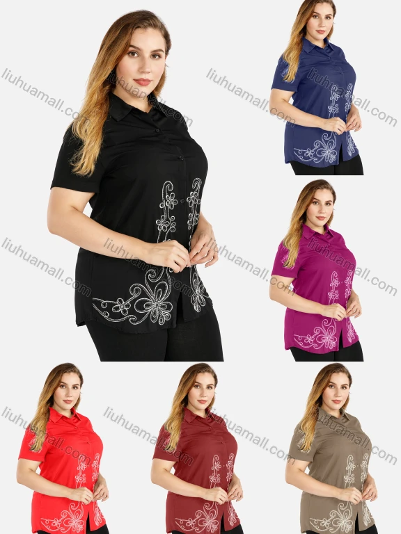 Wholesale Women's Plus Size Cotton Floral Embroidery Short Sleeve Button Down Shirt