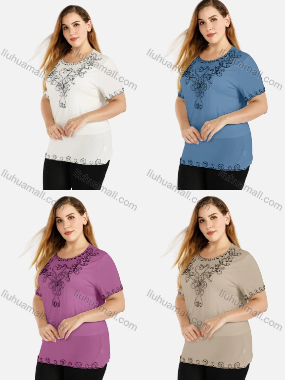 Wholesale Women's Elegant Round Neck Floral Embroidery Short Sleeve T-Shirt