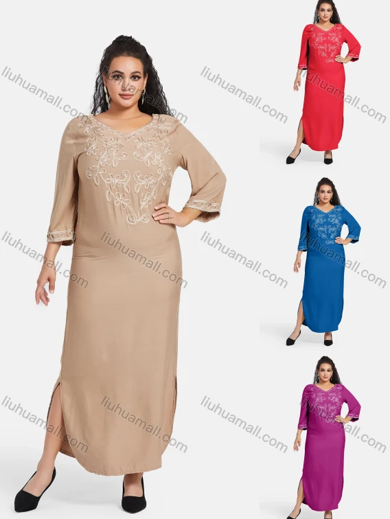 Wholesale Women's African Embroidery Robe 3/4 Sleeve Split Side Curved Hem Maxi Dress, Guangzhou Clothing Wholesale Market & Suppliers - LIUHUAMALL, Specialty