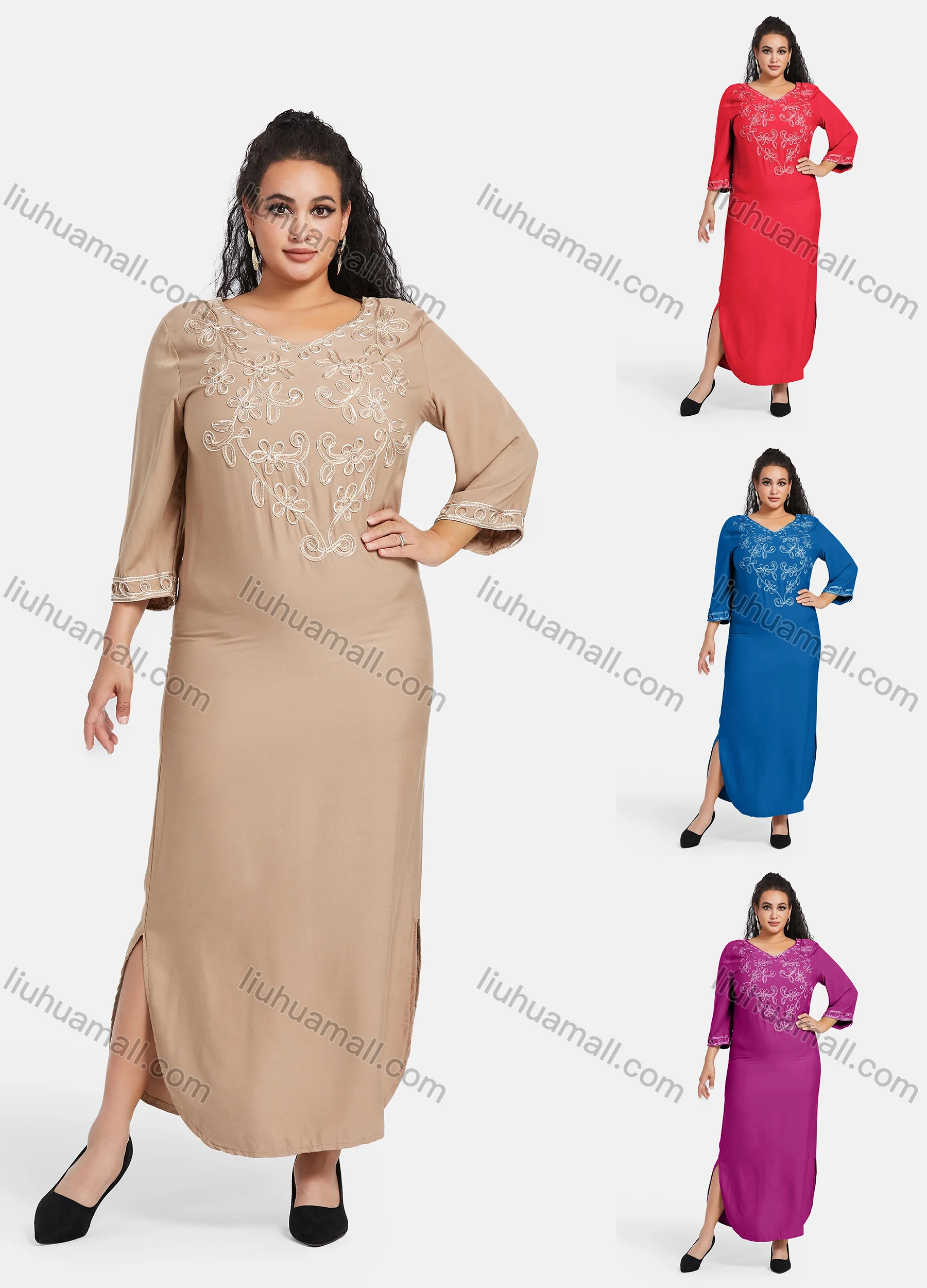 Wholesale Women's African Embroidery Robe 3/4 Sleeve Split Side Curved Hem Maxi Dress