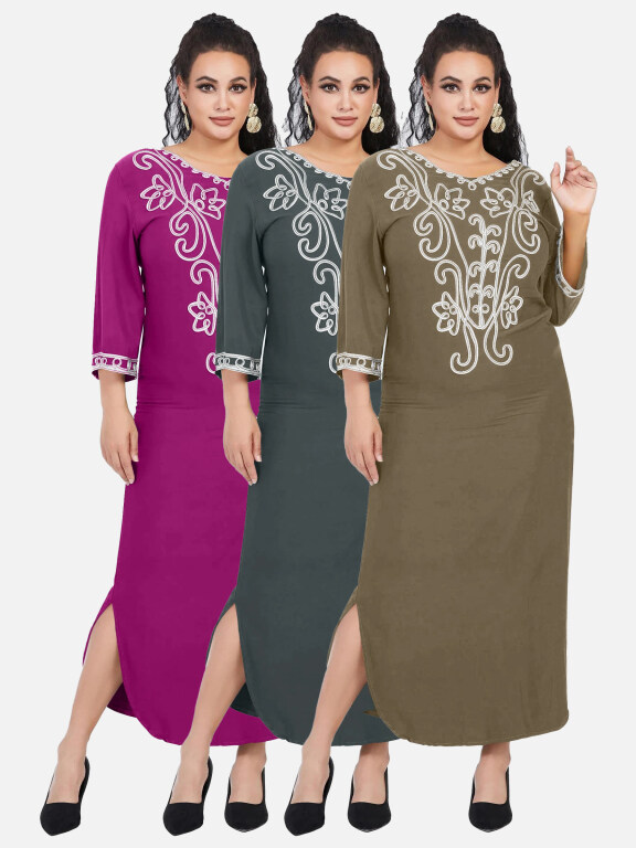 Women's African Embroidery Robe 3/4 Sleeve Split Side Curved Hem Maxi Dress, Clothing Wholesale Market -LIUHUA, Specialty, Women-s-Muslim-Clothing