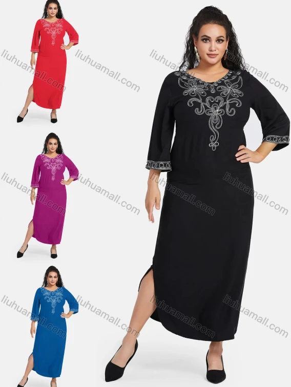 Wholesale Women's African Embroidery Robe 3/4 Sleeve Split Side Curved Hem Maxi Dress, Guangzhou Clothing Wholesale Market & Suppliers - LIUHUAMALL, Specialty