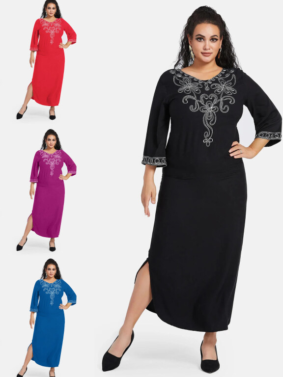 Women's African Embroidery Robe 3/4 Sleeve Split Side Curved Hem Maxi Dress, Clothing Wholesale Market -LIUHUA, Specialty, Women-s-Muslim-Clothing