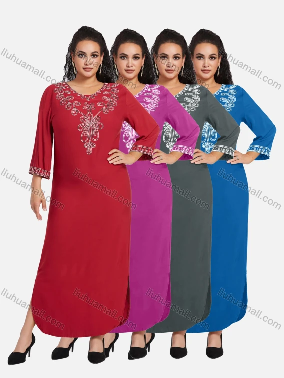 Wholesale Women's African Embroidery Robe 3/4 Sleeve Split Side Floral Curved Hem Maxi Dress, Guangzhou Clothing Wholesale Market & Suppliers - LIUHUAMALL, Specialty