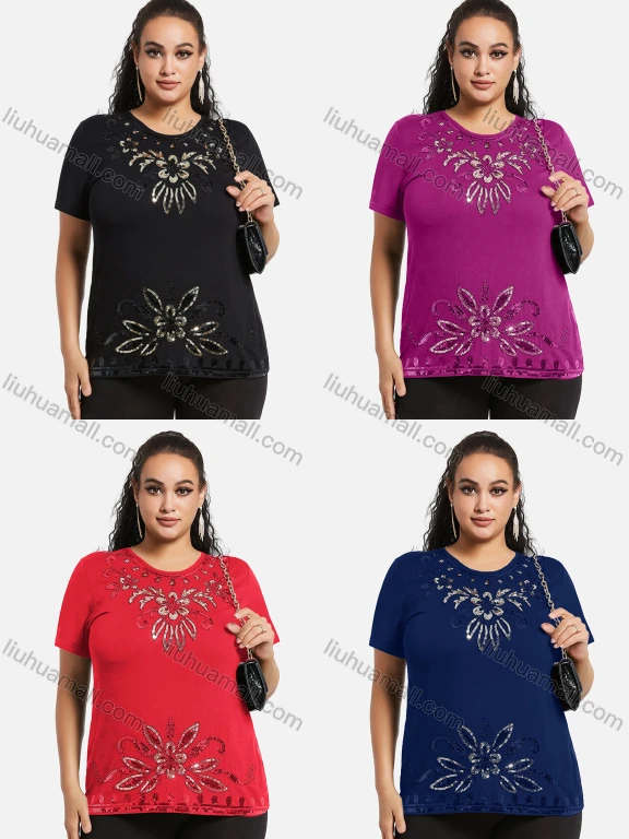 Wholesale Women's Elegant Round Neck Floral Sequin Embroidery Short Sleeve T-Shirt