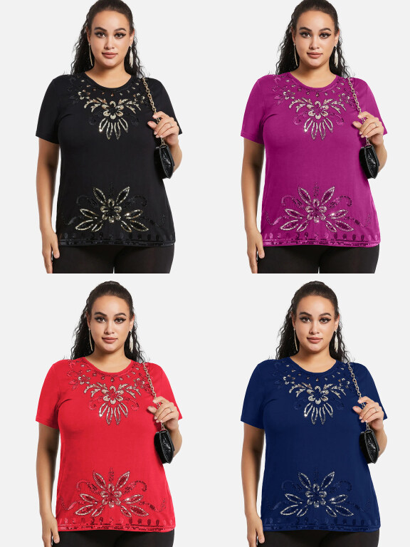 Women's Elegant Round Neck Floral Sequin Embroidery Short Sleeve T-Shirt, Clothing Wholesale Market -LIUHUA, Women, Women-s-Outerwear