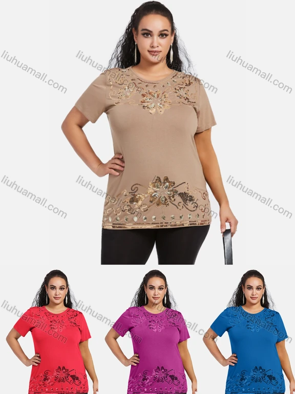 Wholesale Women's Elegant Round Neck Floral Sequin Embroidery Short Sleeve T-Shirt